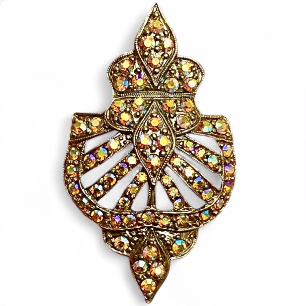 TARA Vintage Rhinestone Brooch Art Deco Style AB Crystal Gold Tone Pin Signed